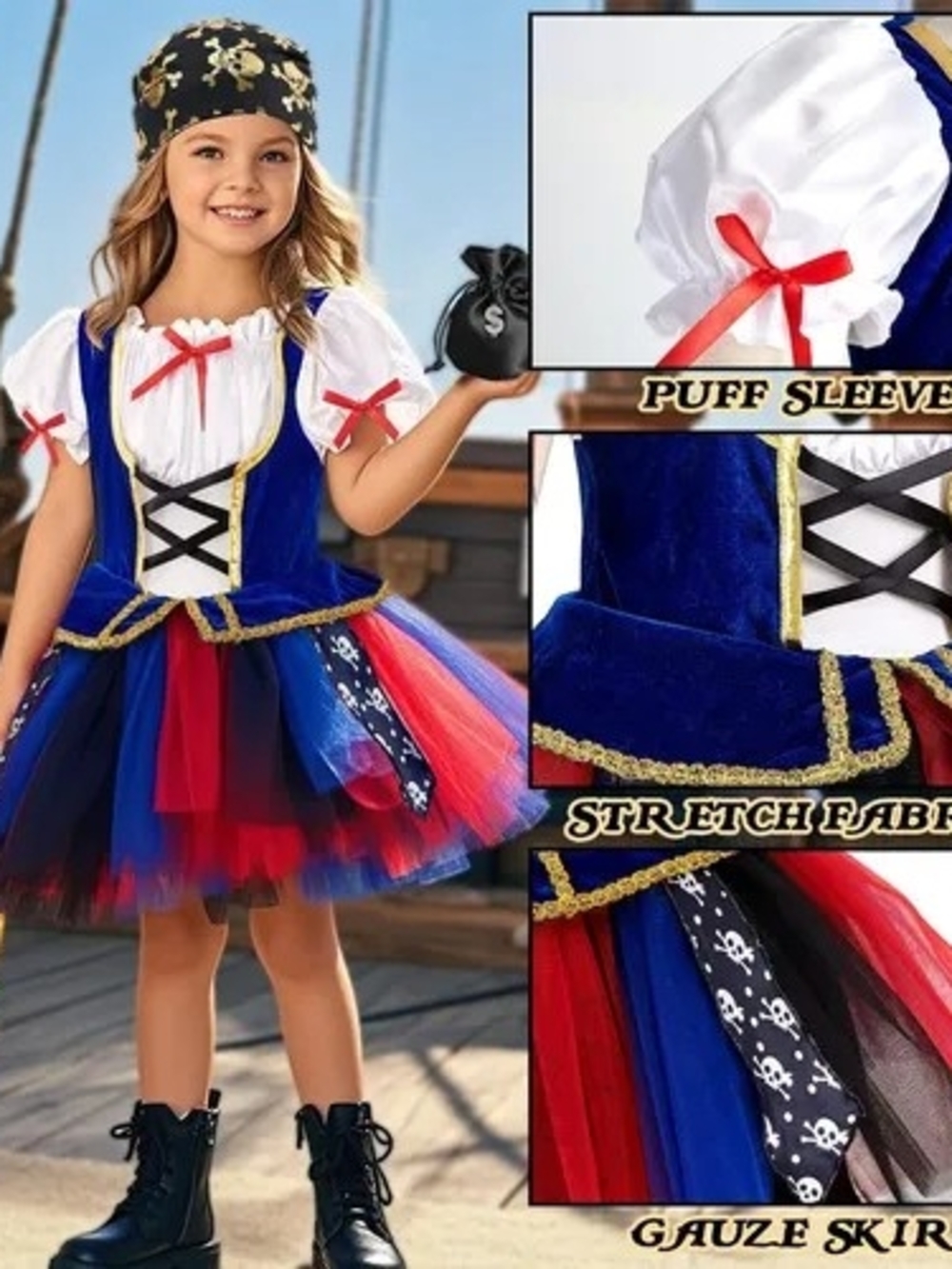 Girls Octoberfest Halloween Pirate Princess Blue and Red  Tutu Costume Dress
